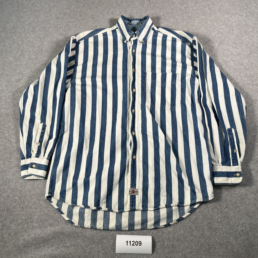 Vintage County Seat Jeanswear Blue White Striped Denim Button Down Shirt Mens S